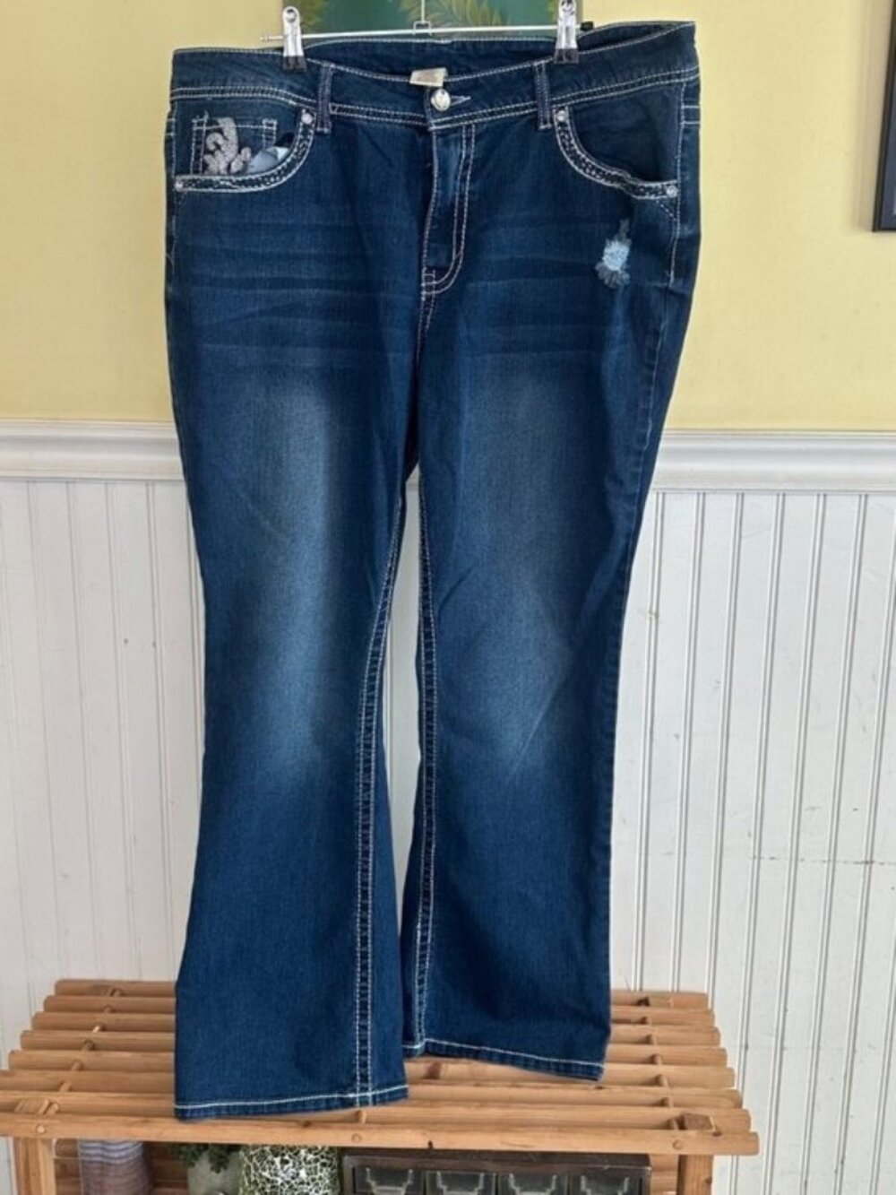 Faded Glory Bootcut Embroidered Pocket Dark Wash Denim Jeans Size 20W